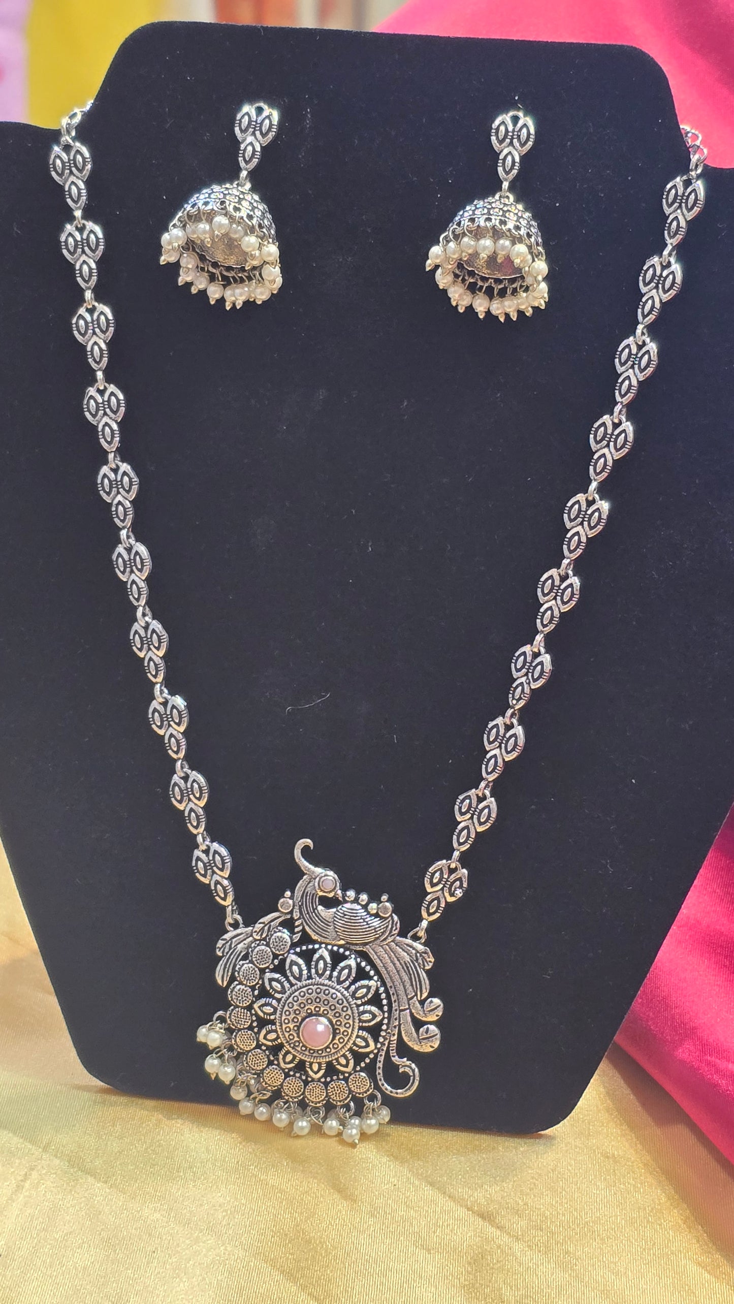 Fantastic Light Pink Stoned Peacock Style Oxidized Jewelry Set For Women