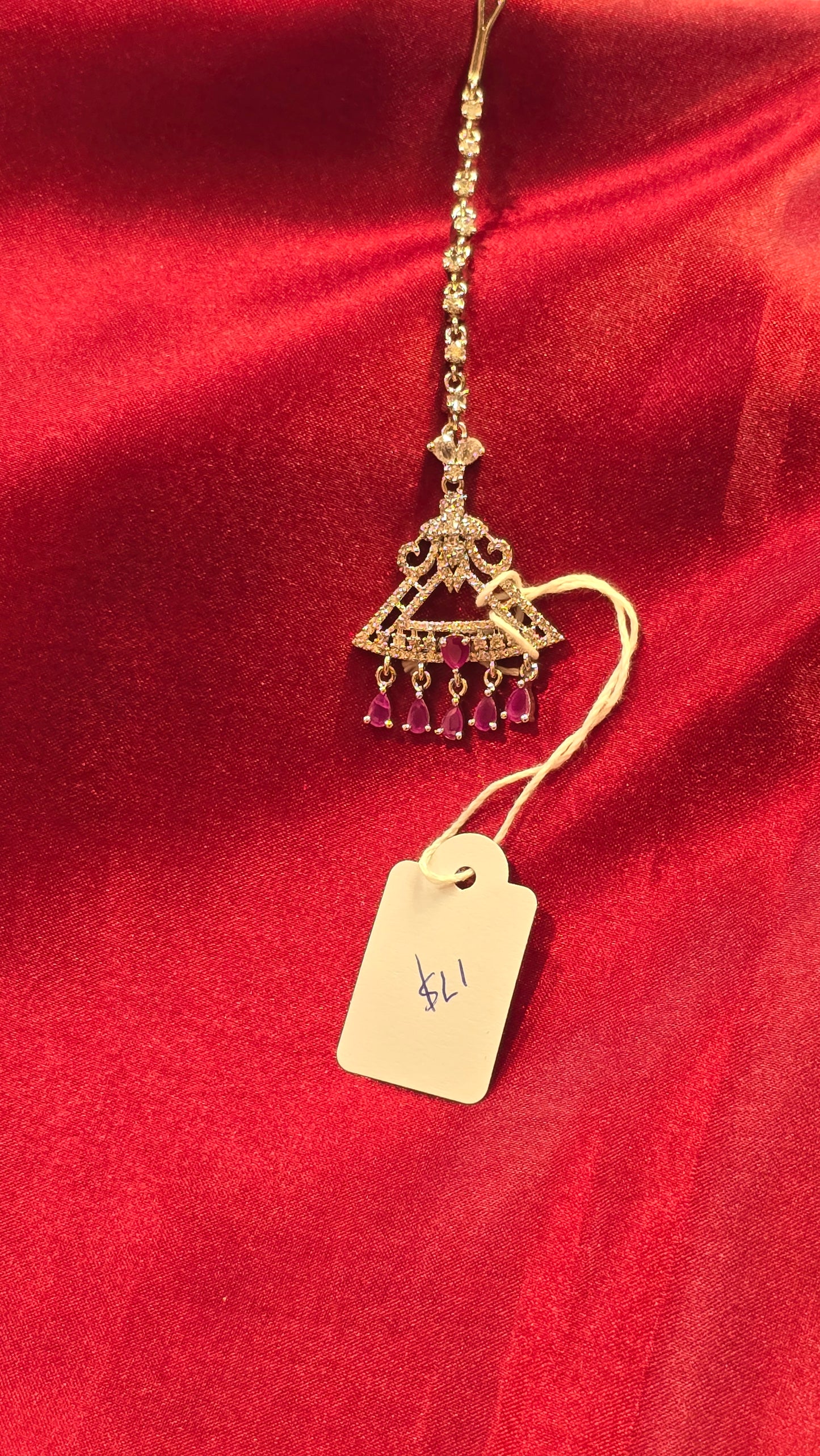 Fabulous Pink Stone And Triangle Shaped American Diamond Tikka