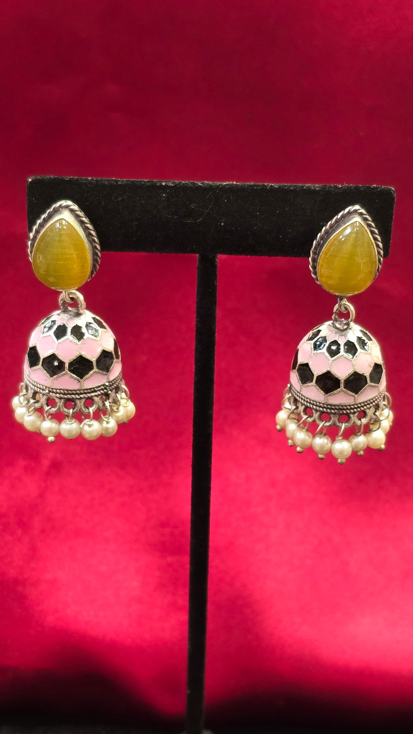Pretty Yellow Colored Stoned With Oxidized Jhumkas For Women