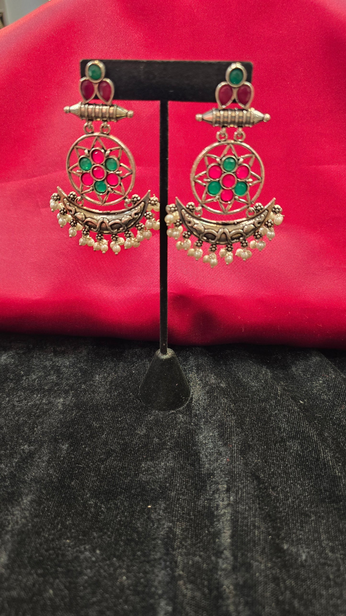 Attractive Crecent Shape With Green And Pink Long Earrings For Women