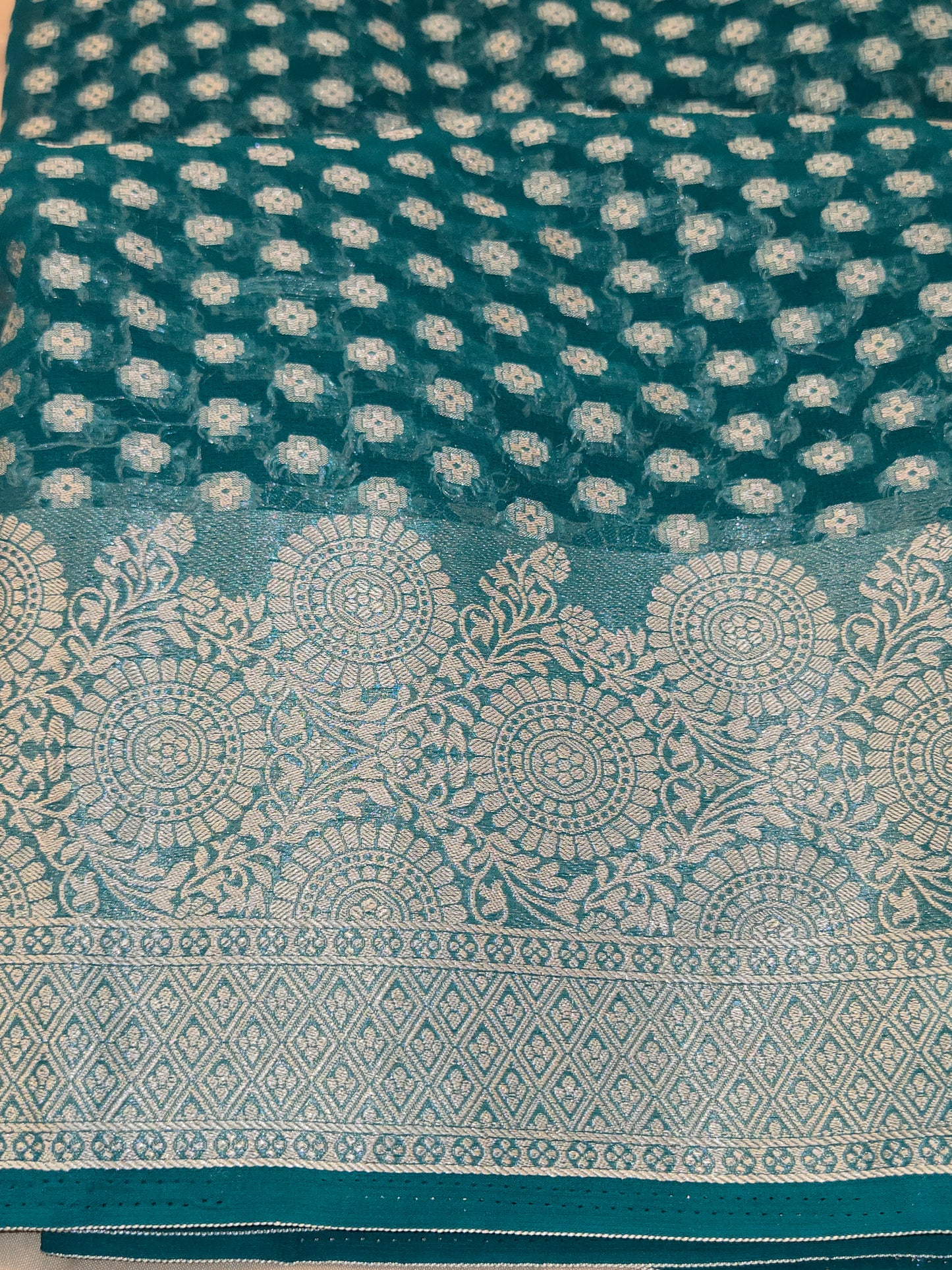 Attractive Green Color Banarasi Silk Saree With Silver Design And Grand Pallu