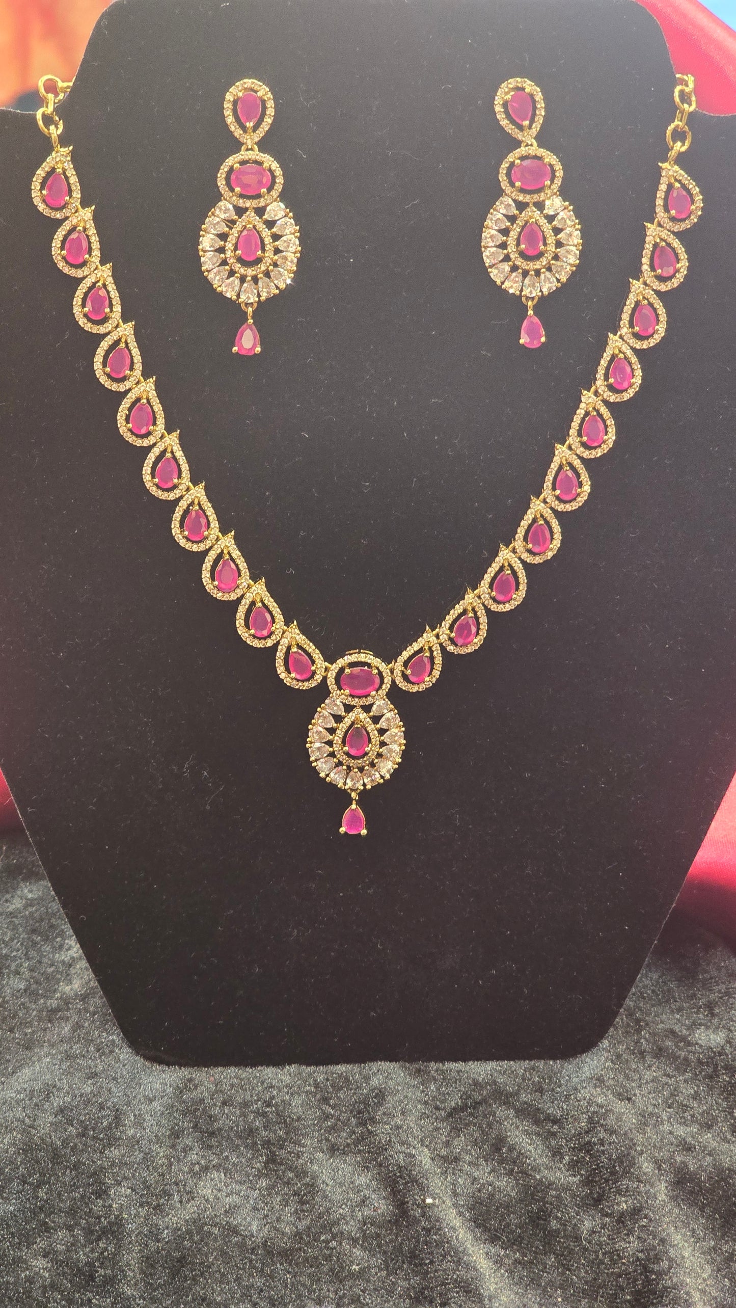 Beautiful Golden Color Necklace Set With Ruby Stone And Earrings For Women