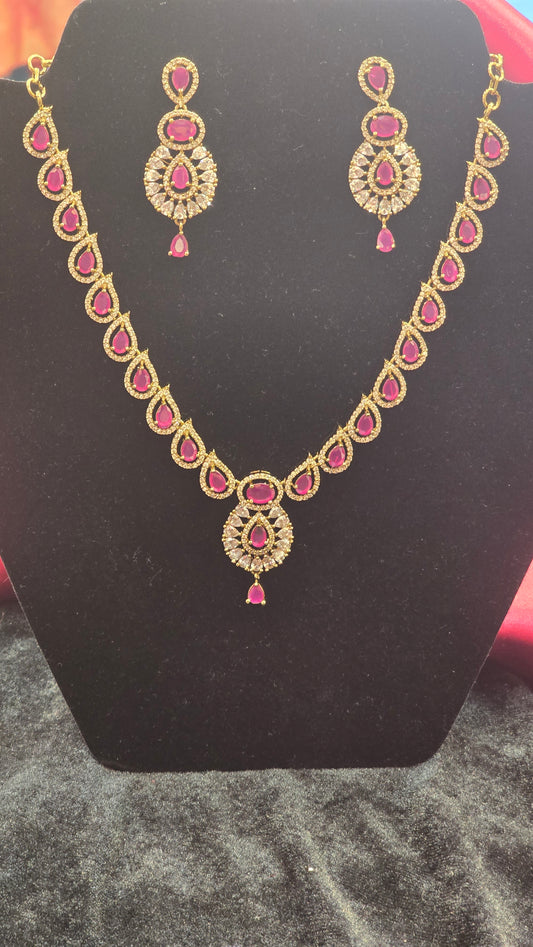 Beautiful Golden Color Necklace Set With Ruby Stone And Earrings For Women