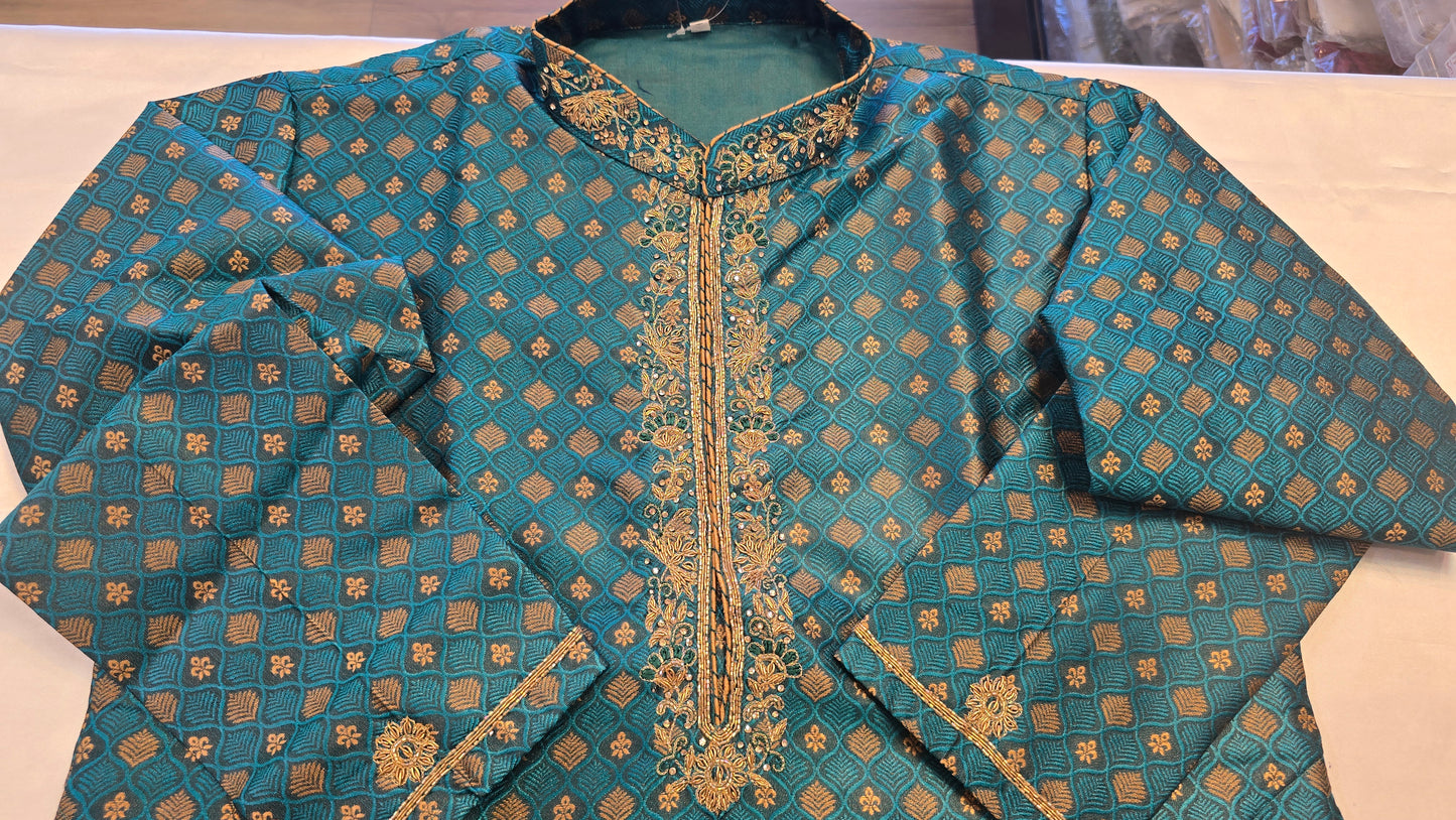 Marvelous Mandarin Collar Rama Green Color Zardozi Hand Work Brocade Kurta With Pajama