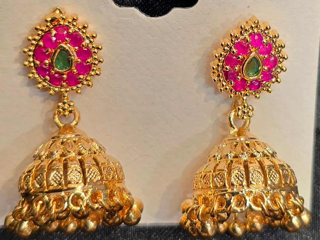 Fantastic Gold Plated With Dark Pink And Green Stones Earrings For Women Near Me