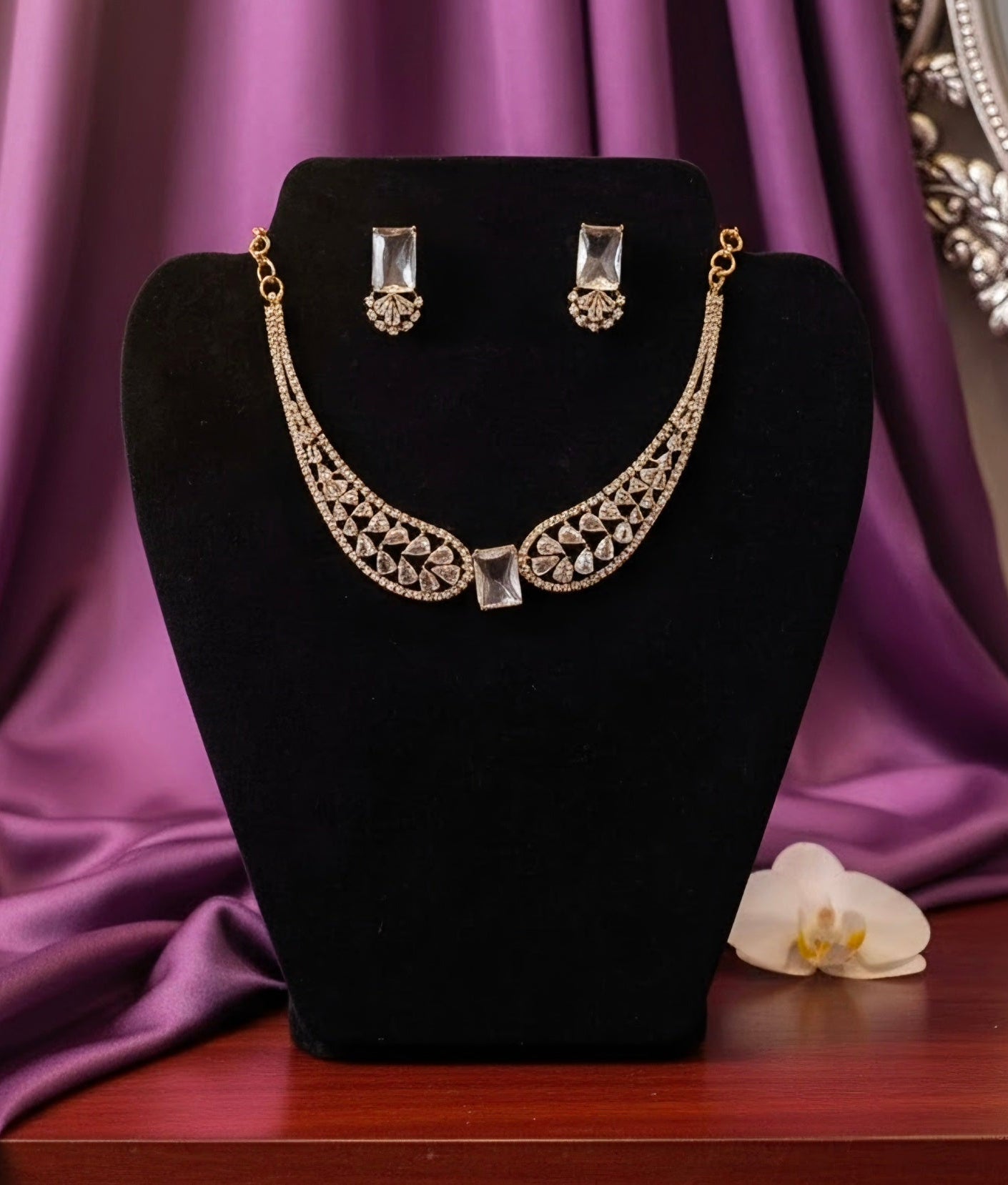 White Stones Studded Gold Plated Necklace With Earrings Set Near Me