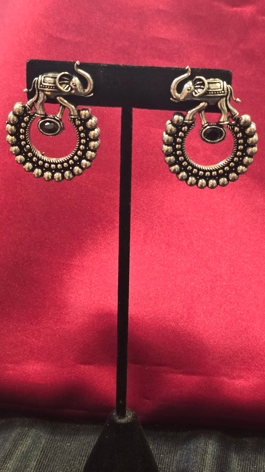 Pretty Elephant Design Oxidized Round Shape Earrings For Women
