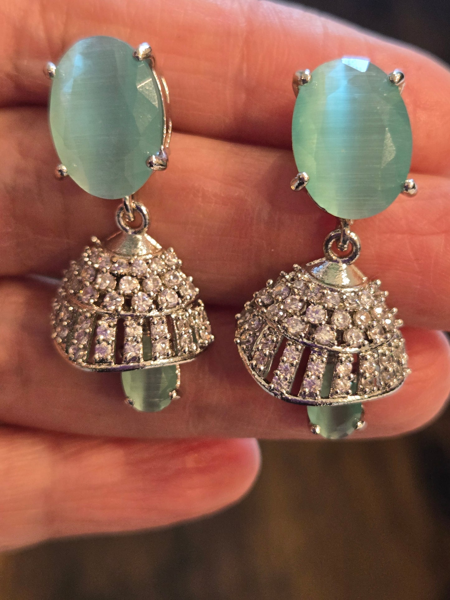 Beautiful American Diamond Green Emerald Stone Jhumka Earrings