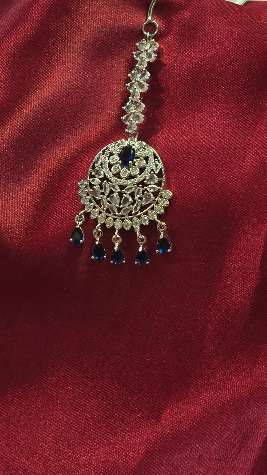Dazzling Blue Colored  American Diamond Tikka With Droplets For Women