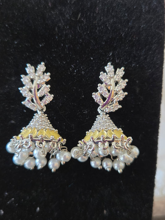 Attractive Yellow Color Leaf Design American Diamond Earrings For Women