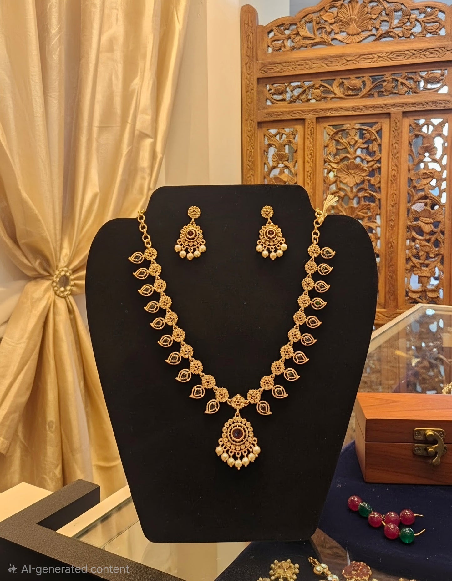 Beautiful gold plated flower shaped necklace set with white, green and pink stones and also pearls.