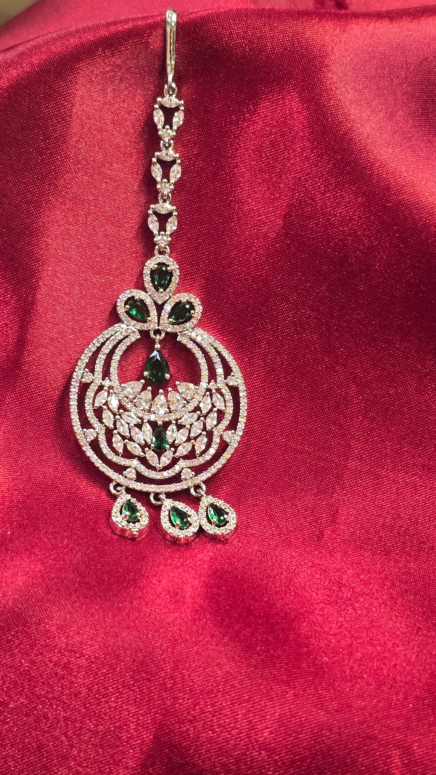 Attractive Green Color American Diamond Maang Tikka