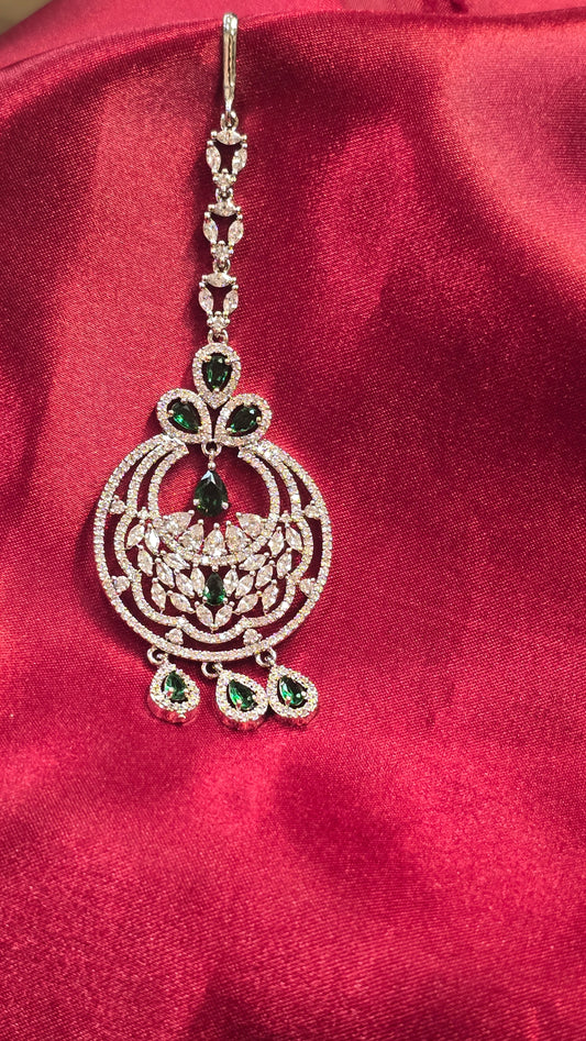 Attractive Green Color American Diamond Maang Tikka