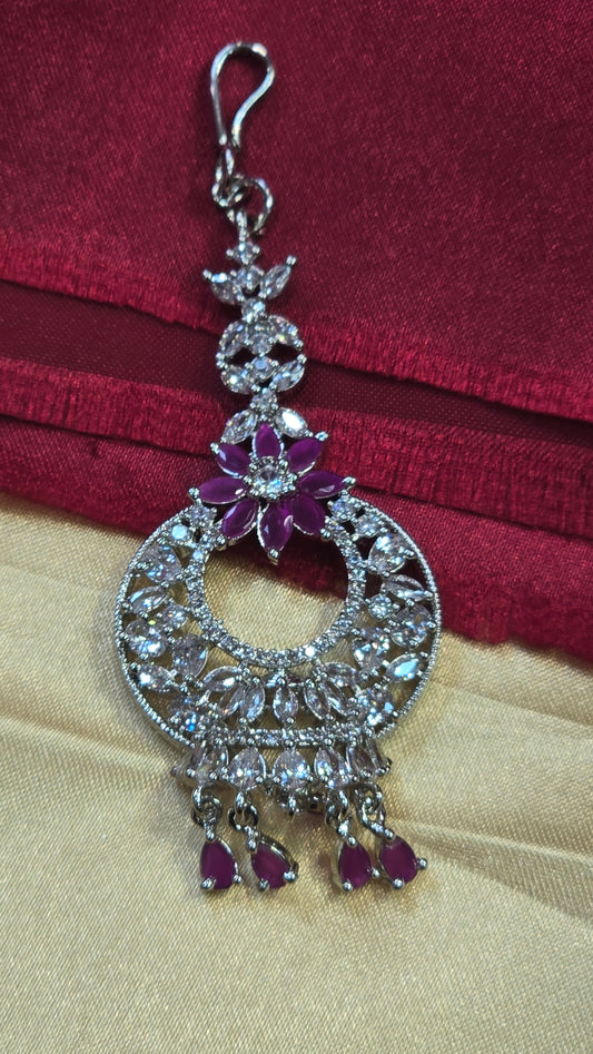 Attractive Dark Pink Color Flower Embedded American Diamond Tikka