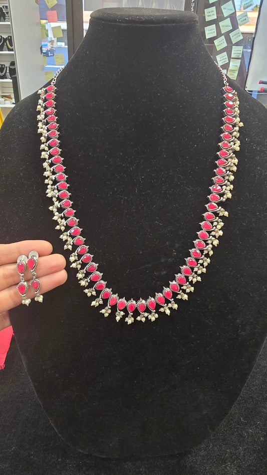 Marvellous Dark Pink Color Long Necklace With Earrings Set