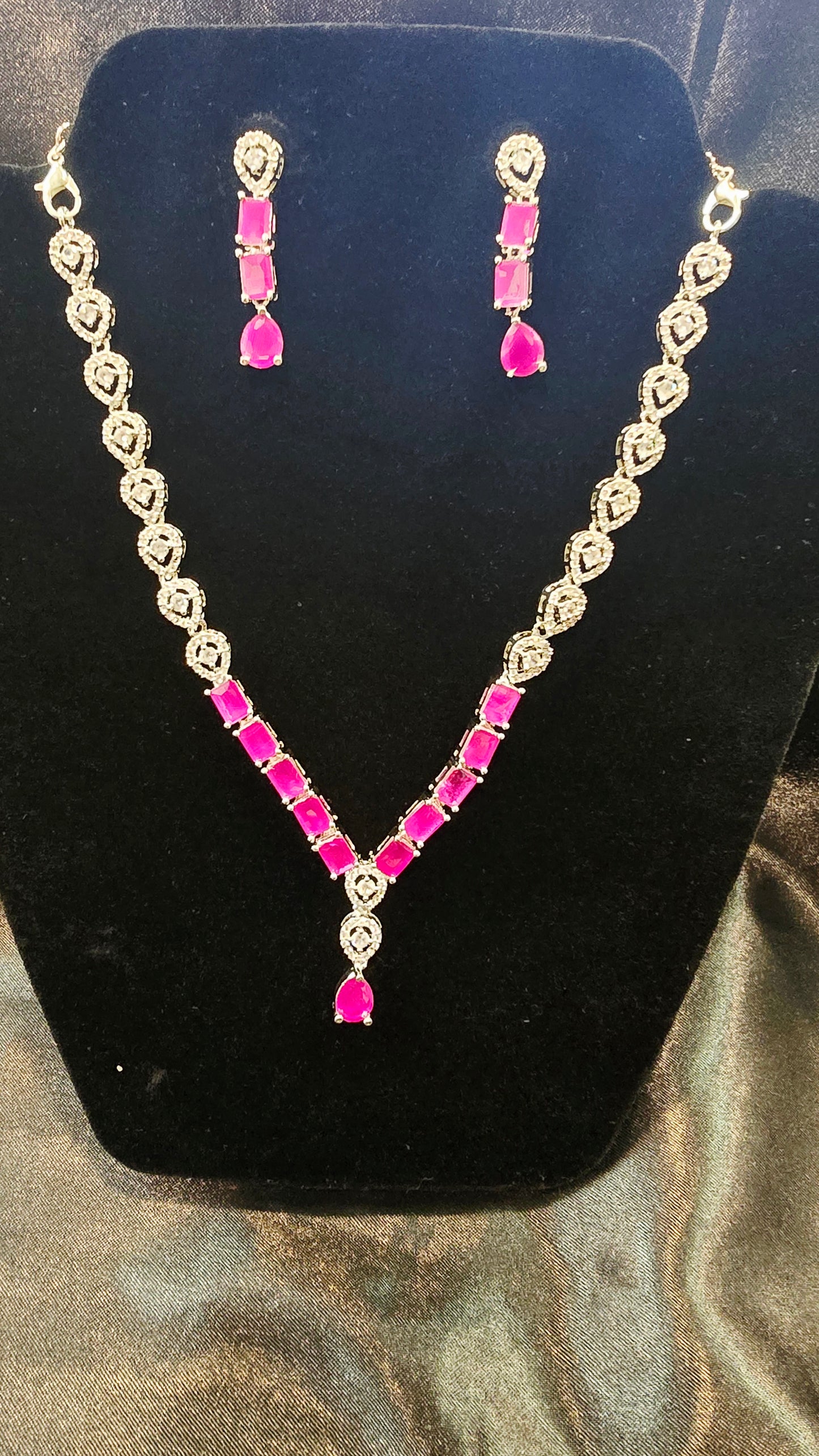 Alluring American Diamond Dark Pink Color Stones Necklace And Earrings Set Near Me