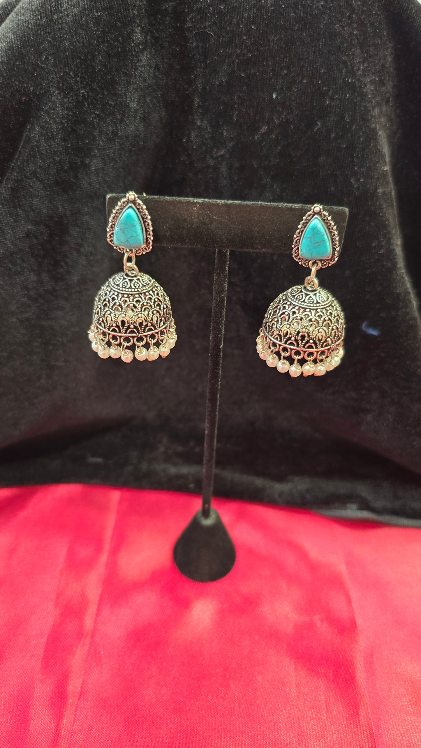 Beautiful Teal Green Color With Oxidized Jhumkas For Women