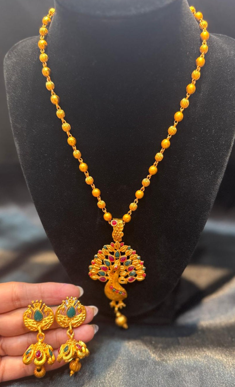 Gold Plated With Matt Finish Peacock Shaped Dark Pink & Green Stones Necklace And Earrings Set Near Me