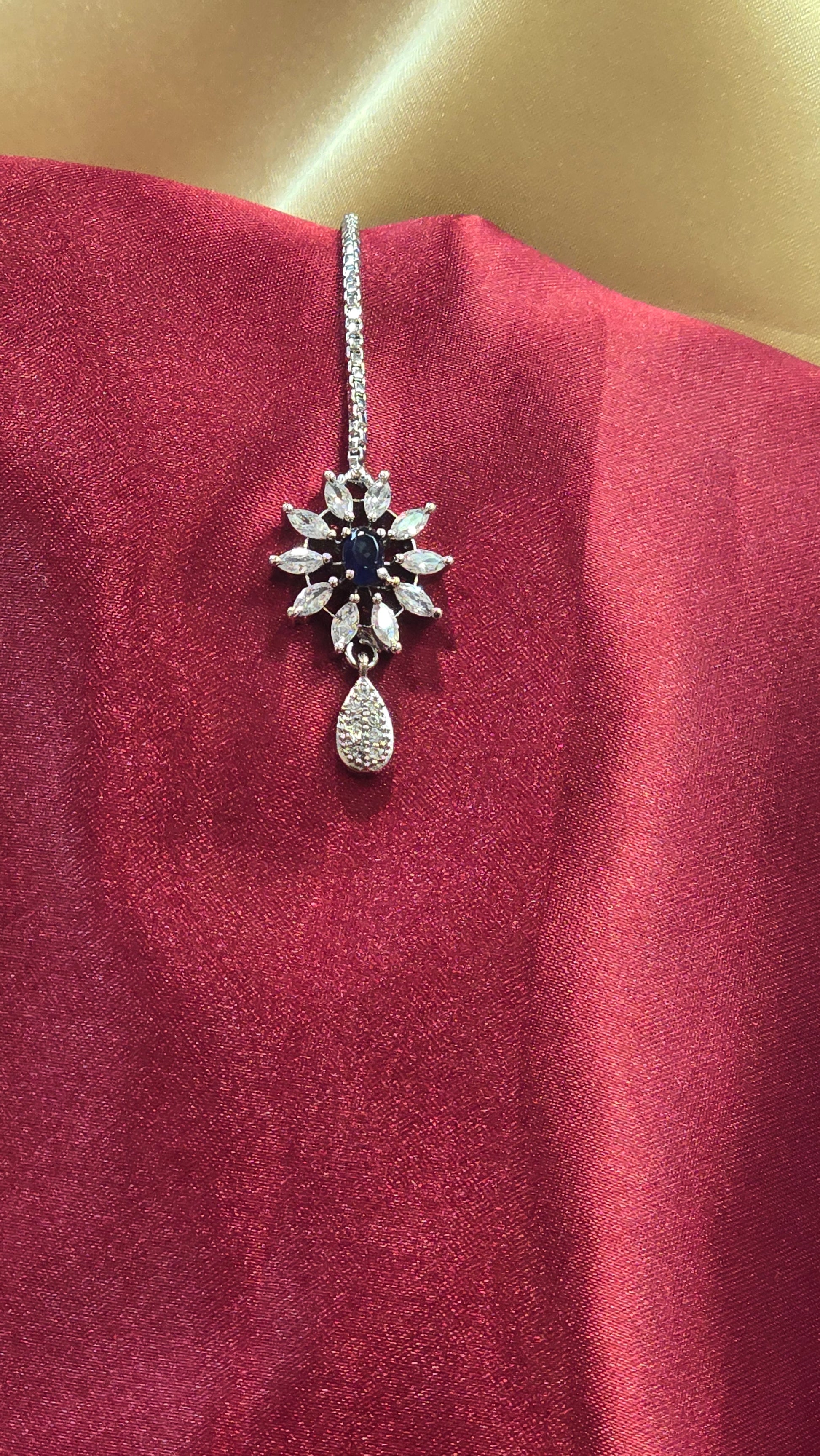 Pretty Blue Color Stoned With American Diamond Maang Tikka