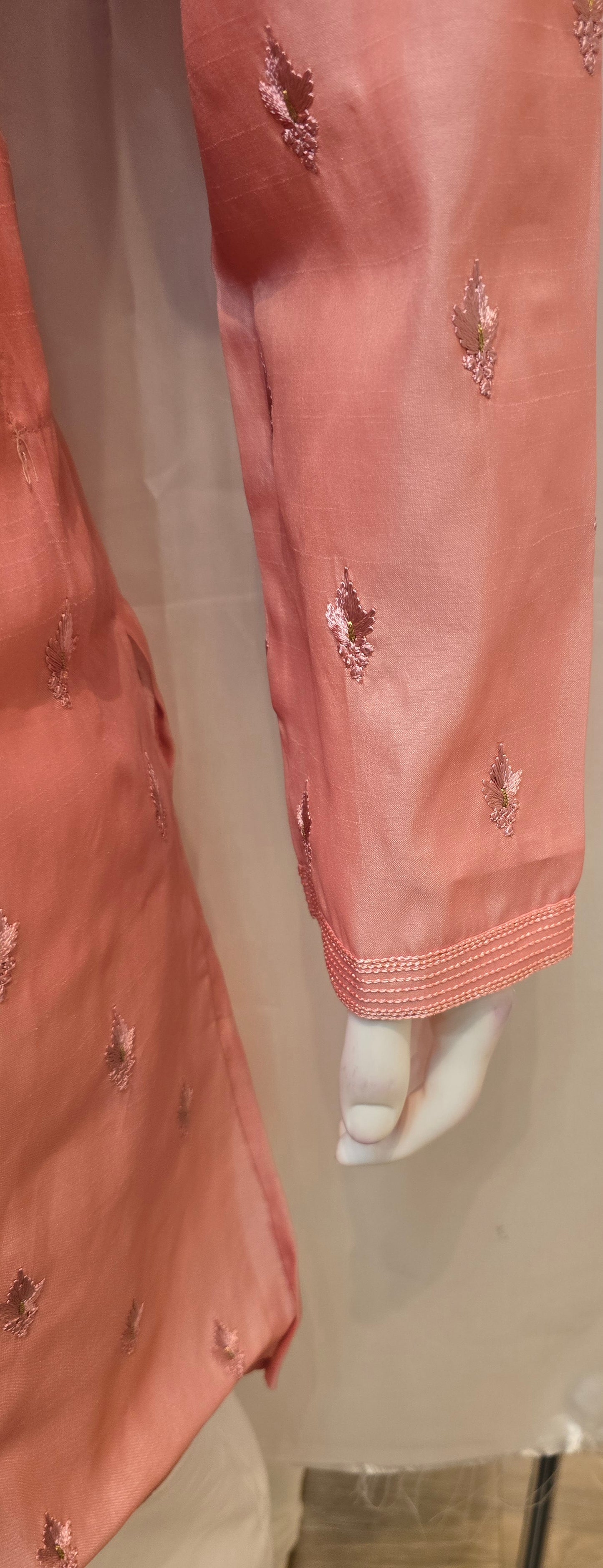 Attractive Pink Color Embroidery Work Silk Kurta With Pajama For Men