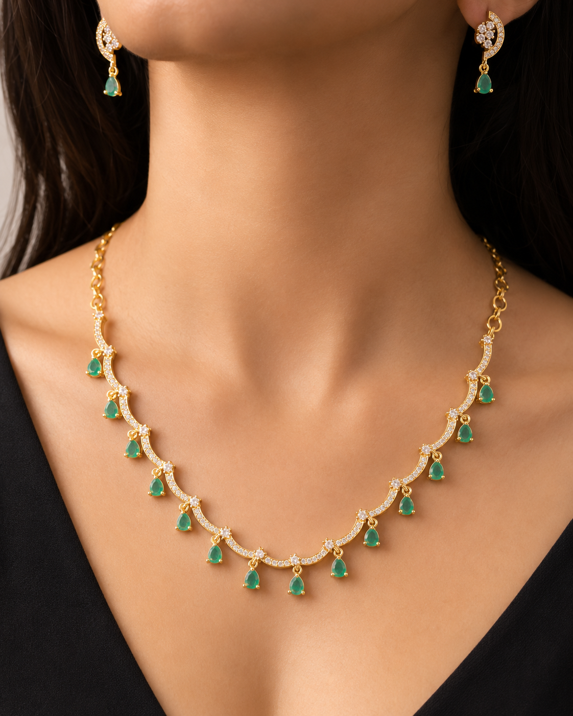 Amazing Gold Plated White And green Stone Necklace Set With Earrings For Women