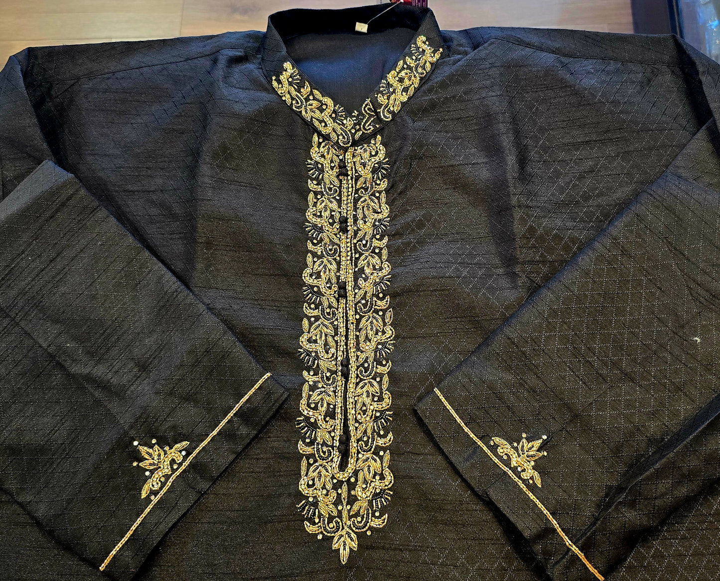Alluring Black Color Hand Work Zardozi Embroidery Brocade Kurta With Pajama Pant For Men