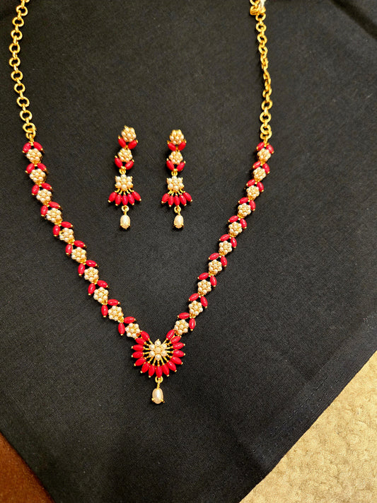 Beautiful Gold Plated Red And White Color Stoned Leaf Design Necklace