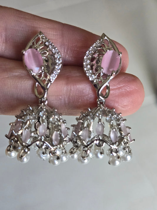 Elegant Light Pink Color American Diamond Jhumka Earrings