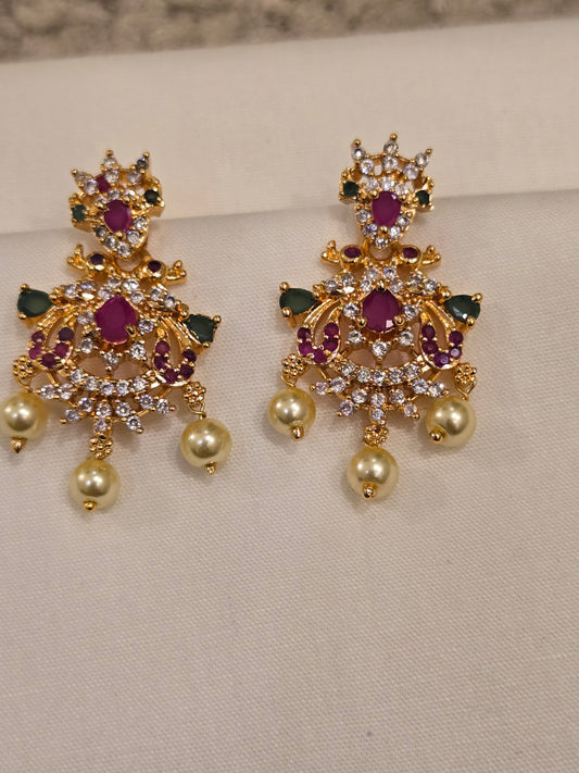 Beautiful Ruby And Emerald AD Stone Earrings With Pearl Dropping