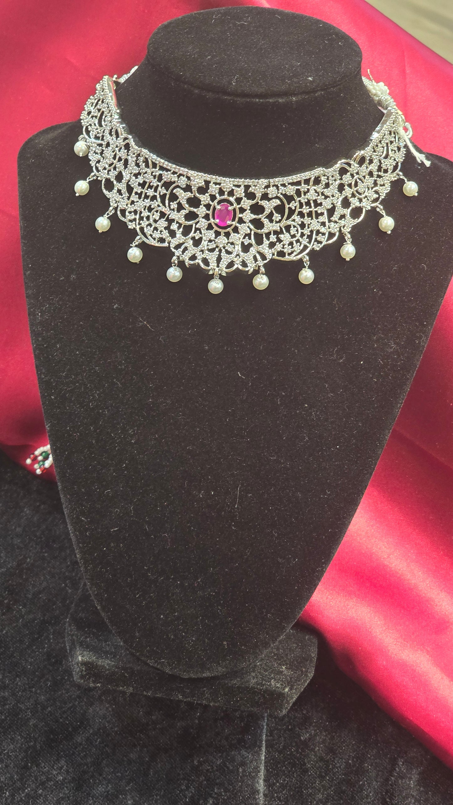 Elegant American Diamond Choker With Dark Pink Stone