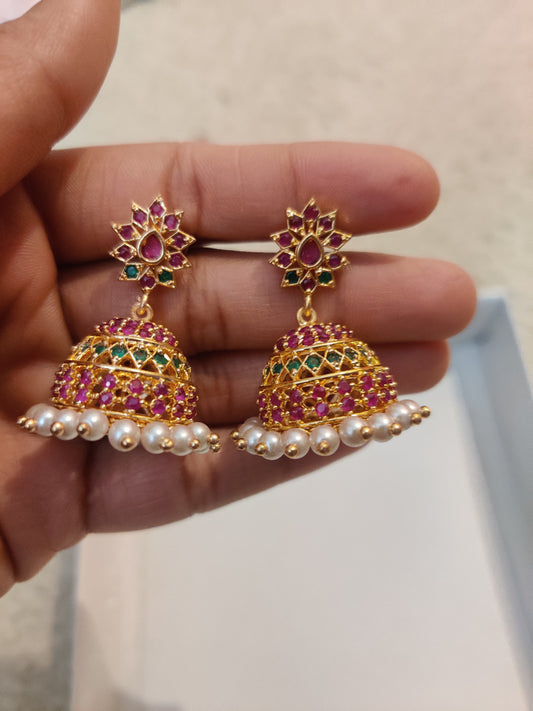 Charming jumka drop Green With Pink Stone Earrings Gold Plated