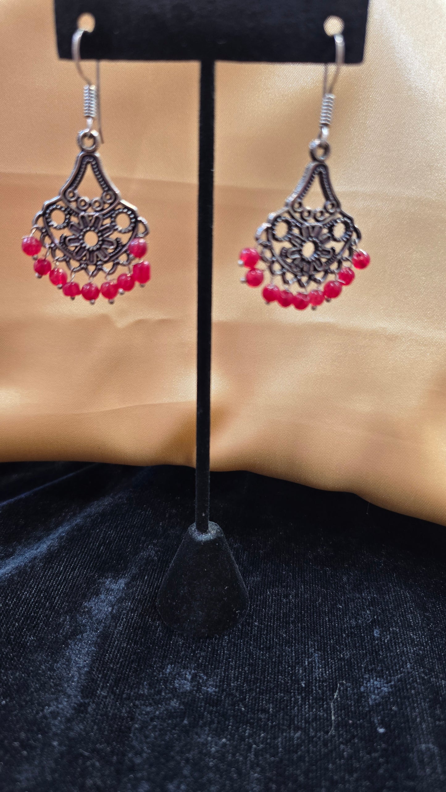Amazing Oxidized Hangings Hoops With Red Beads For Women
