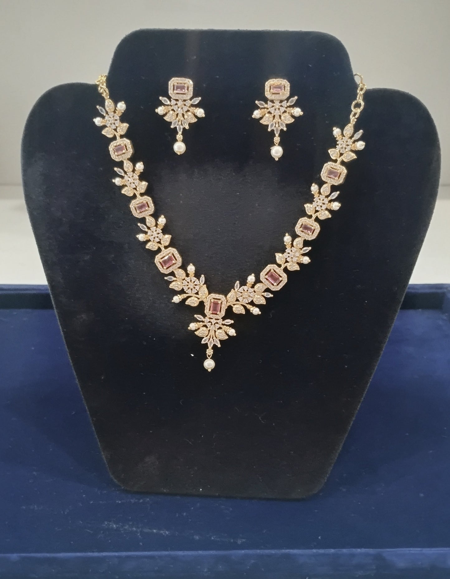 Alluring Pink And White Stones along with Pearls Necklace With Earrings For Women