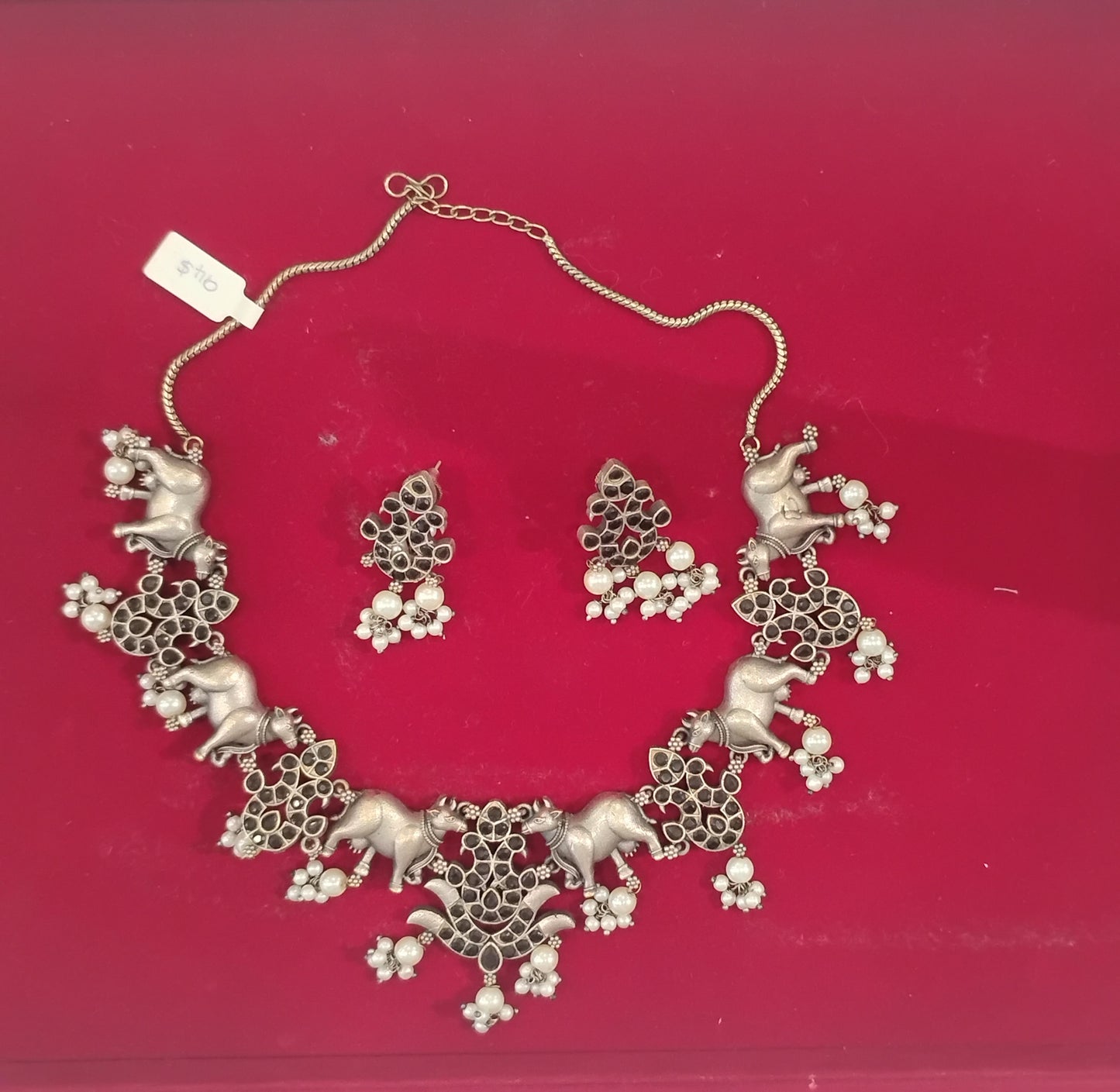 Beautiful Black Stone with Pearl Oxidized Necklace And Earrings Made With Brass And Copper