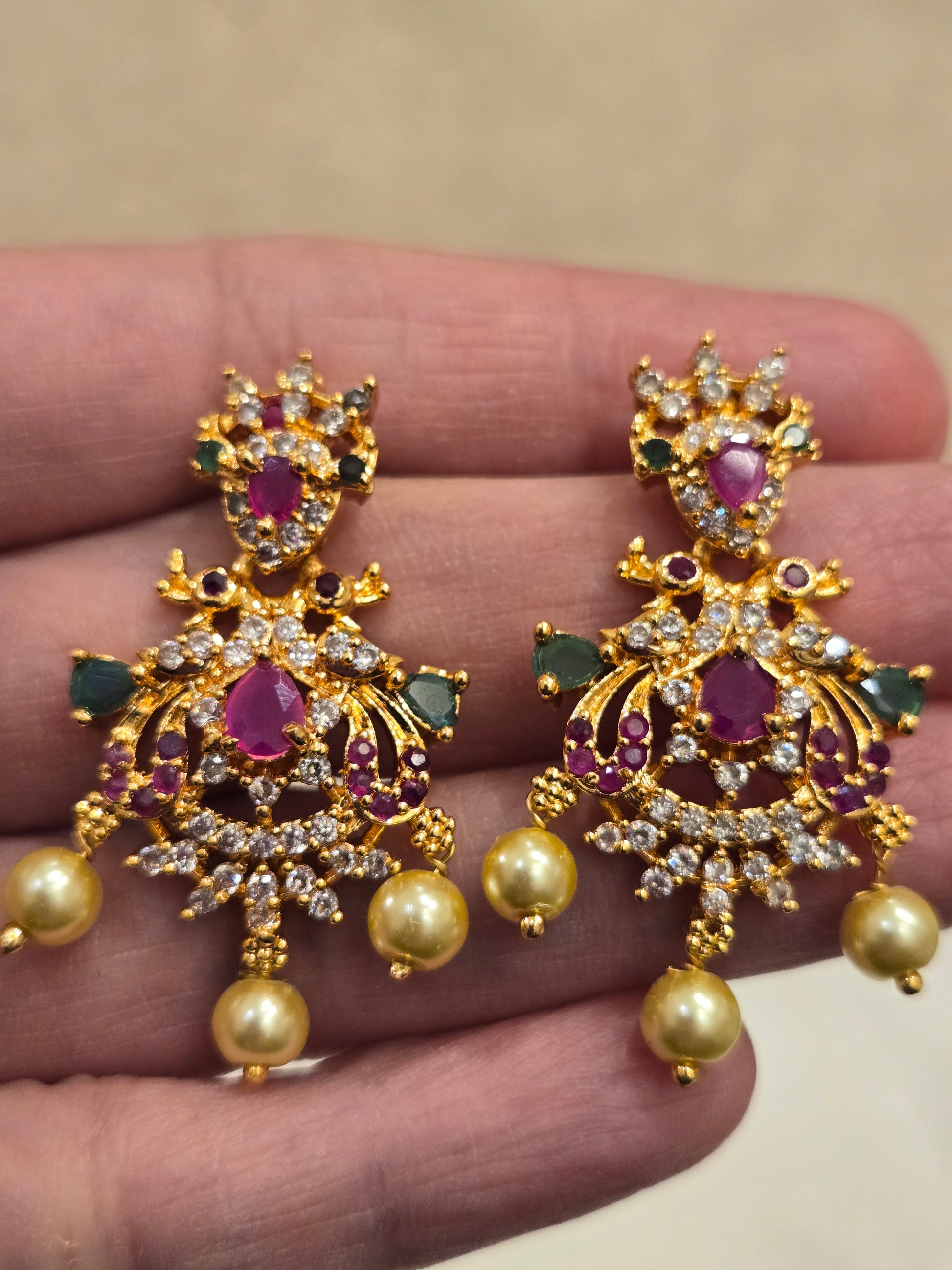 Beautiful Ruby And Emerald AD Stone Earrings With Pearl Dropping Near Me