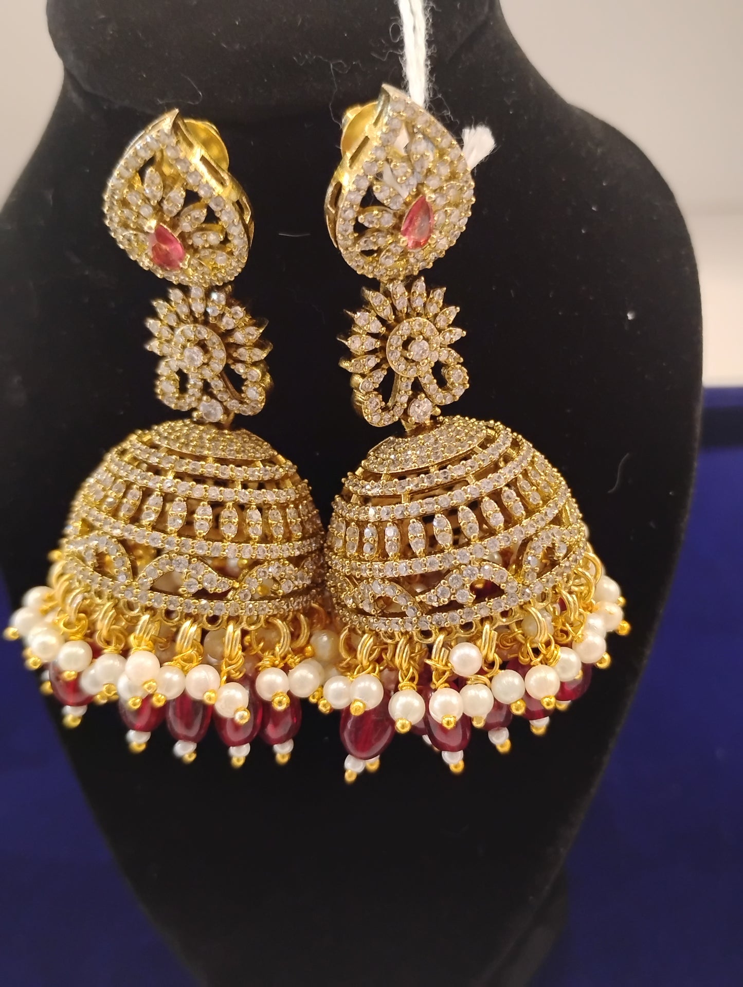 Beautiful Ethnic Wear Gold Plated Earrings With White Stones, Marron and White Beads