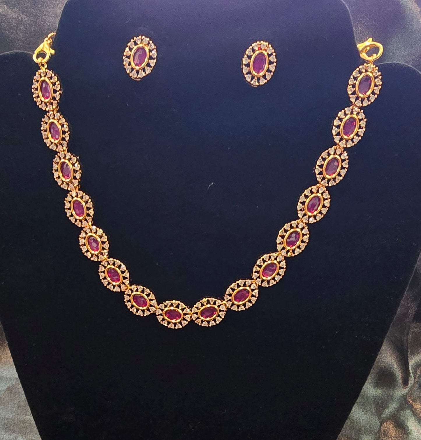 Amazing Dark Pink Color Gold Plated Necklace With Earrings Set In Phoenix