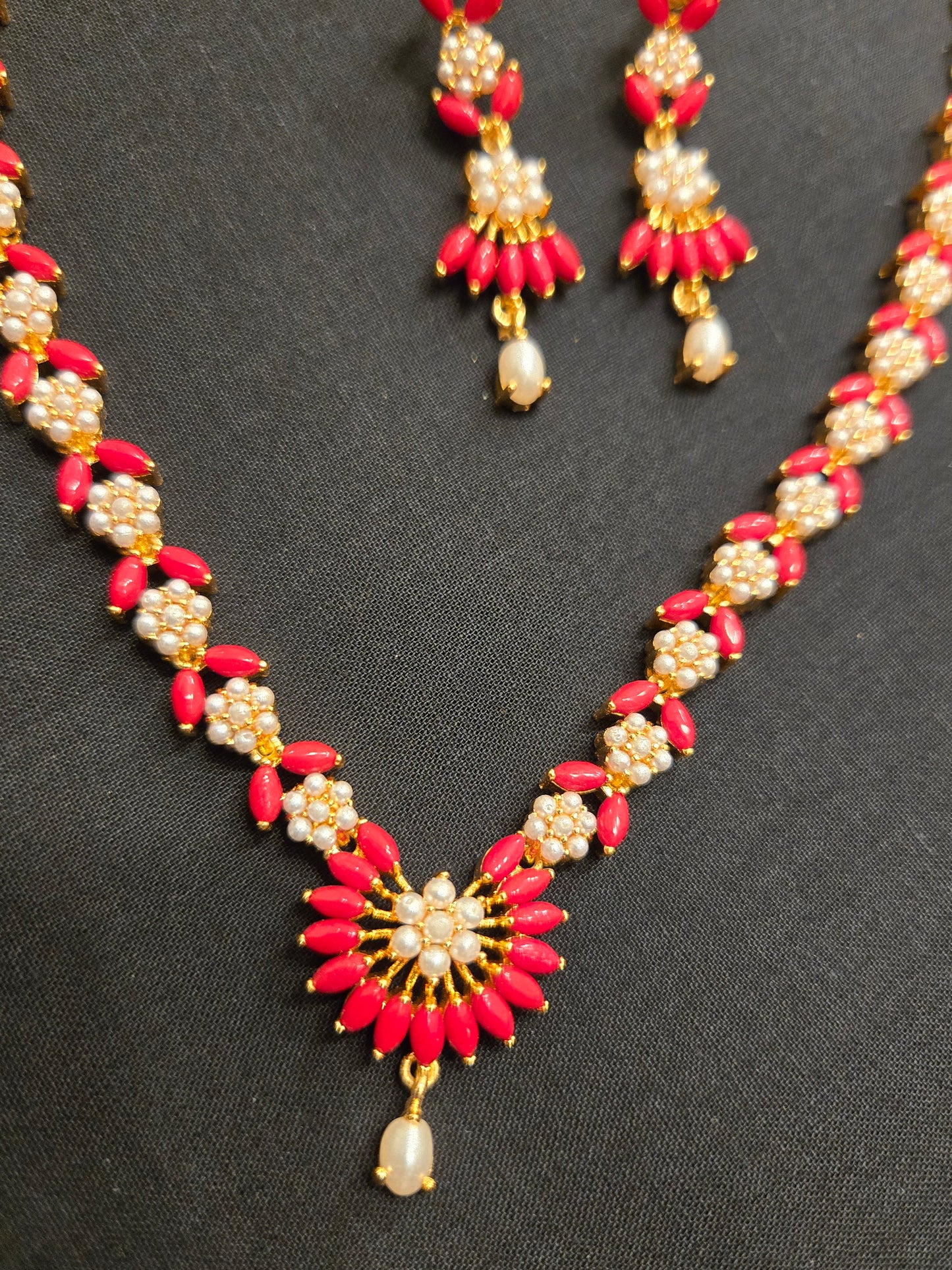 Gold Plated Red And White Color Stoned Leaf Design Necklace Near Me