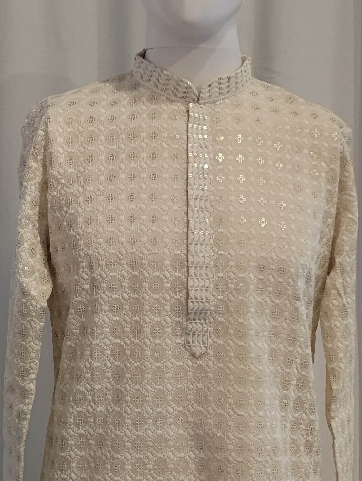 Fantastic White Color Cotton With Sequins And Chikankari Work Kurta Suits For Men