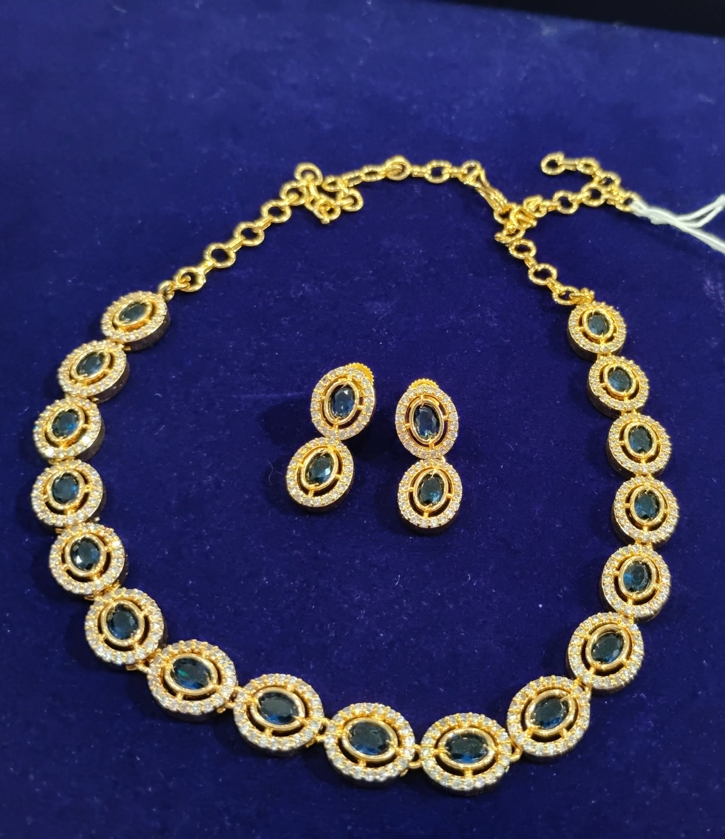 Beautiful Gold Plated White And Dark blue Stone Necklace Set With Earrings For Women