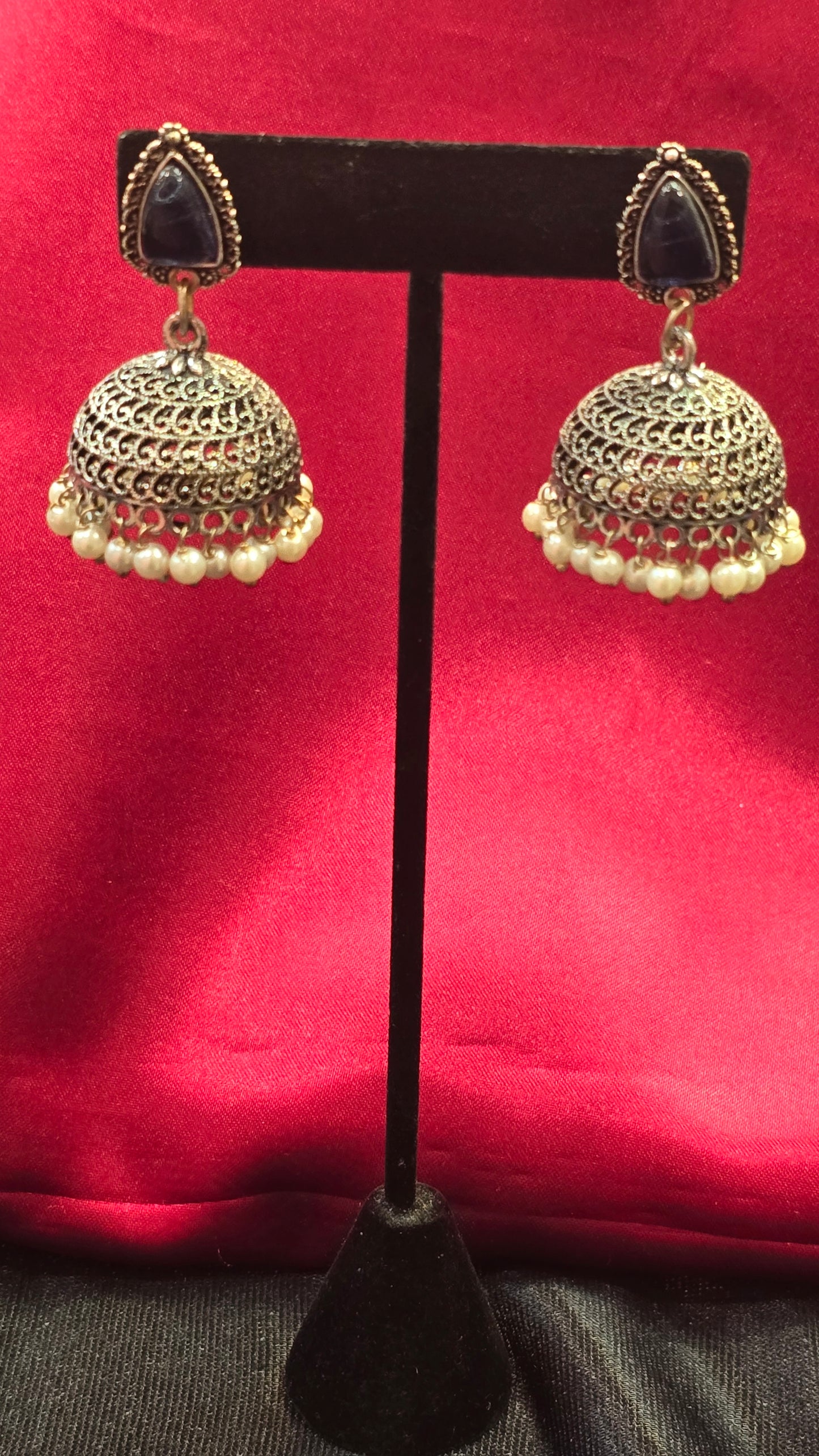 Elagant Navy Blue Color Jhumkas With White Pearls Drop For Women