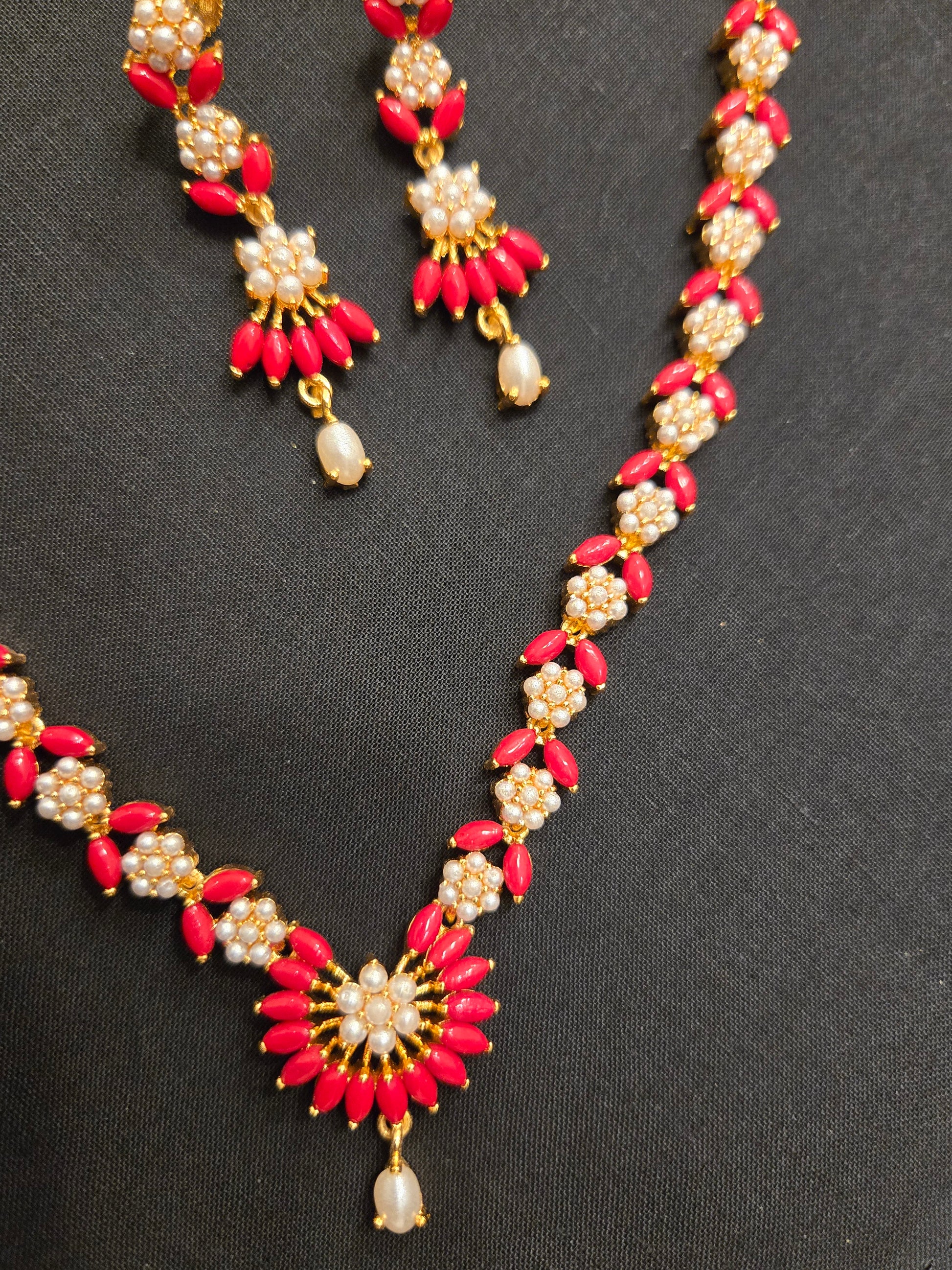 Gold Plated Red And White Color Stoned Necklace In USA