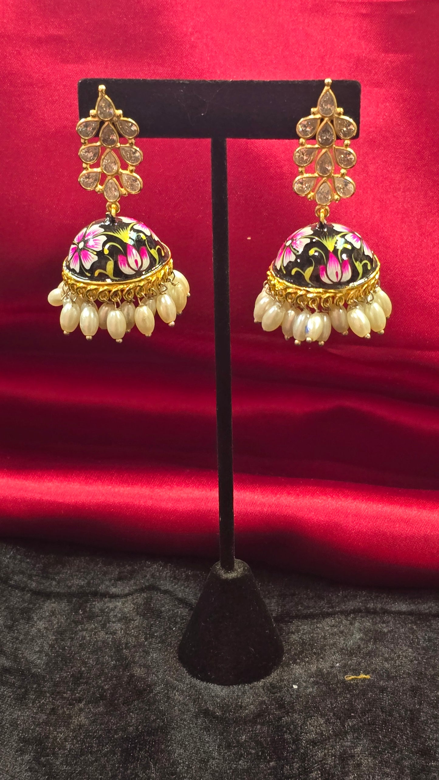 Beautiful Multicolor Gold Plated Jhumkas With Pearl Drops