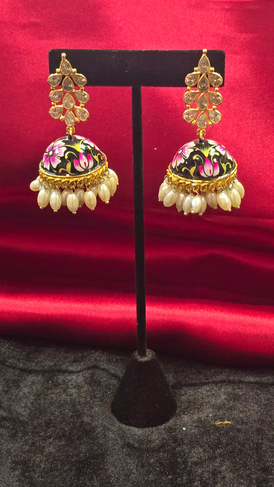 Beautiful Multicolor Gold Plated Jhumkas With Pearl Drops