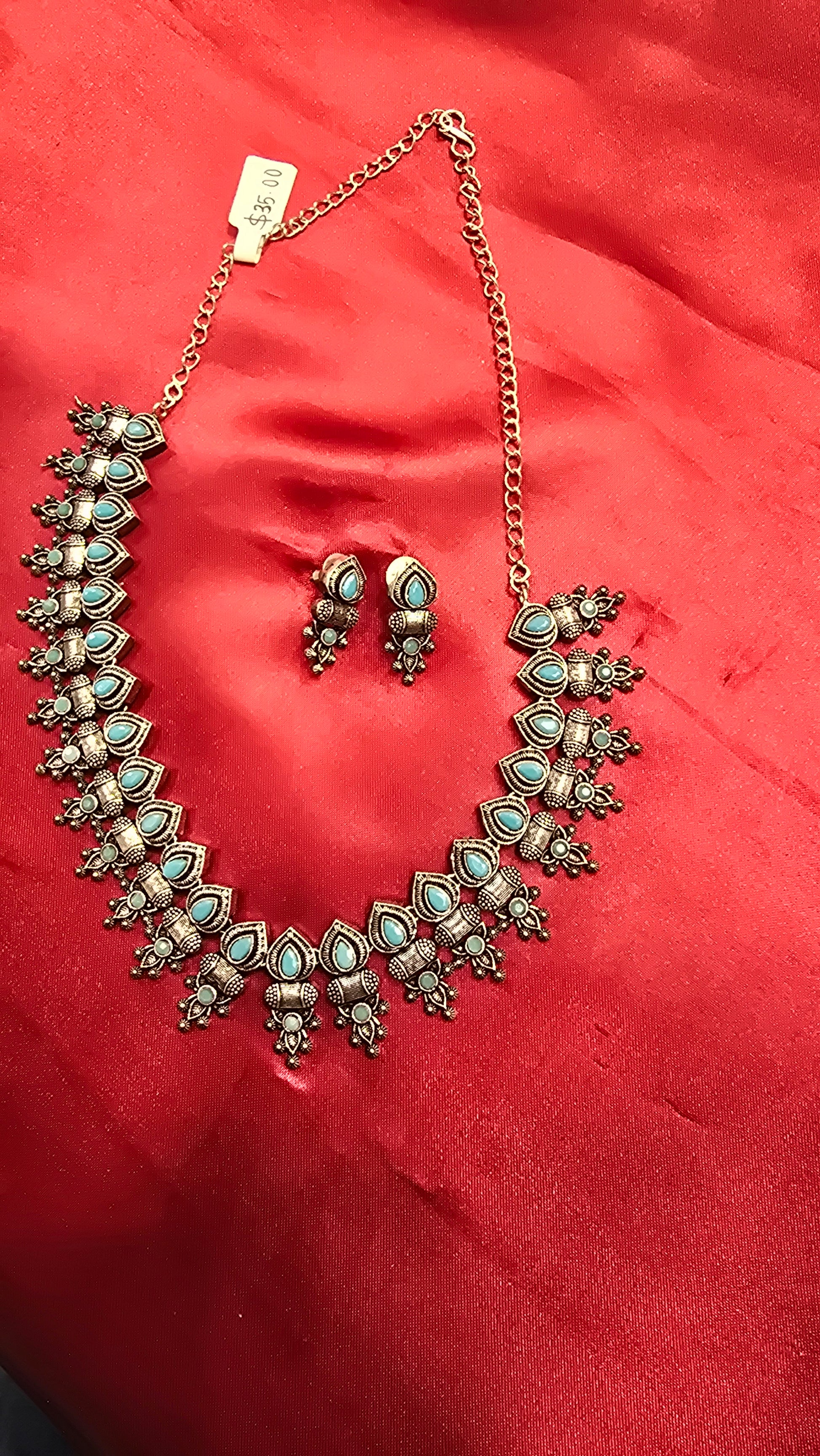 Alluring Light Blue Color Oxidized Necklace With Earrings Set