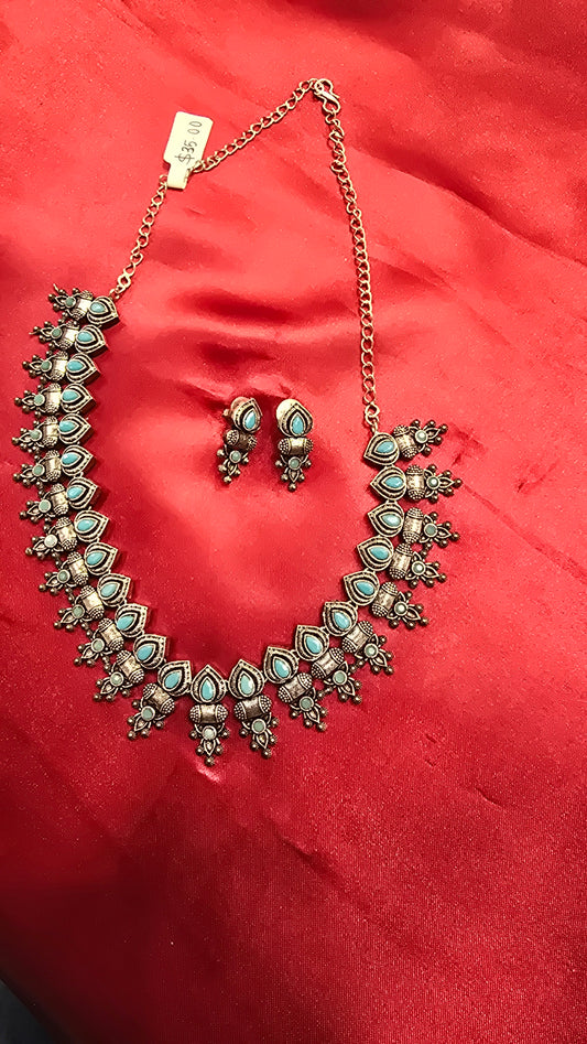 Alluring Light Blue Color Oxidized Necklace With Earrings Set