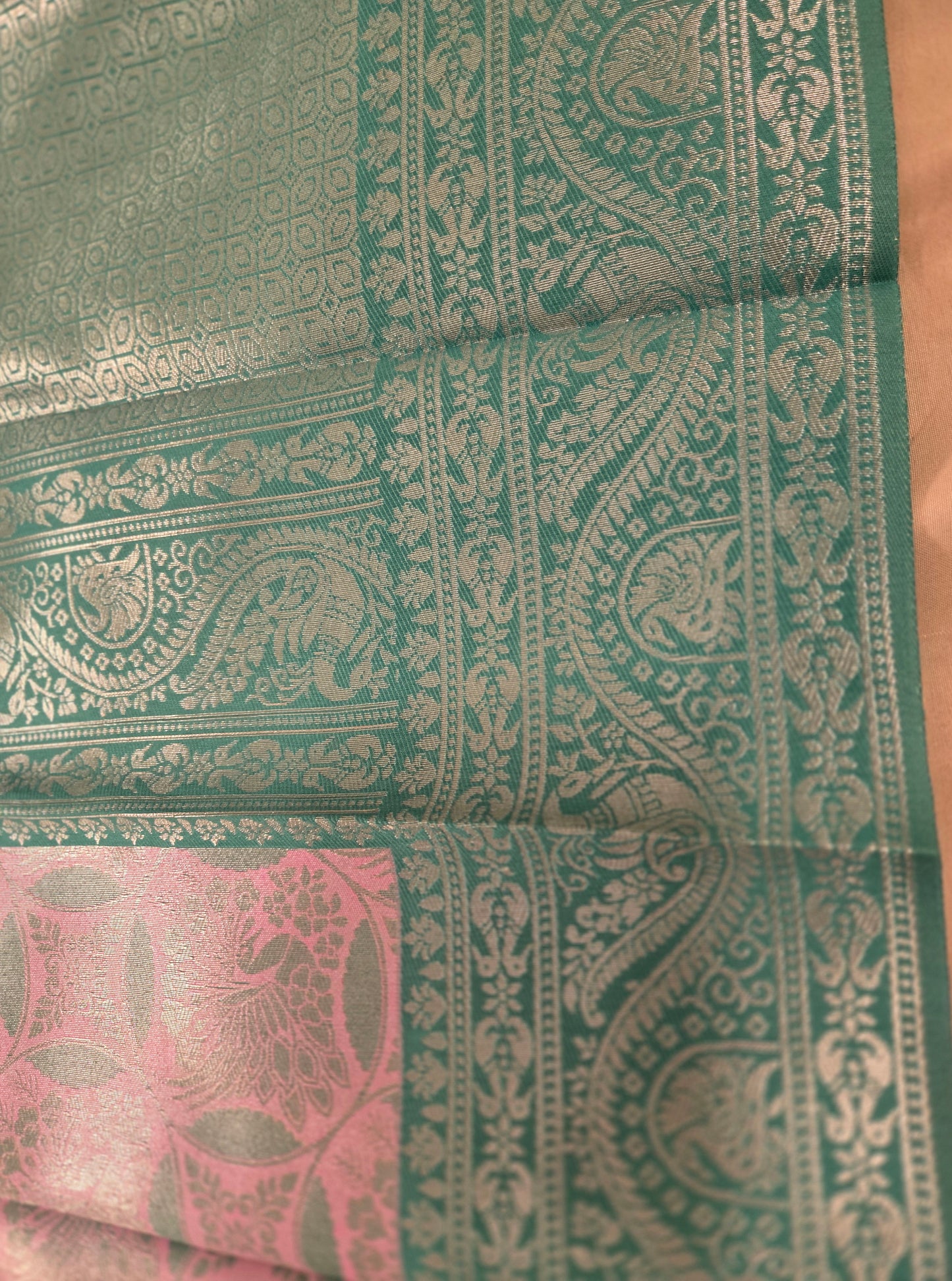 Attractive Light Pink And Light Green Color Motif Design Silk Saree In Mesa
