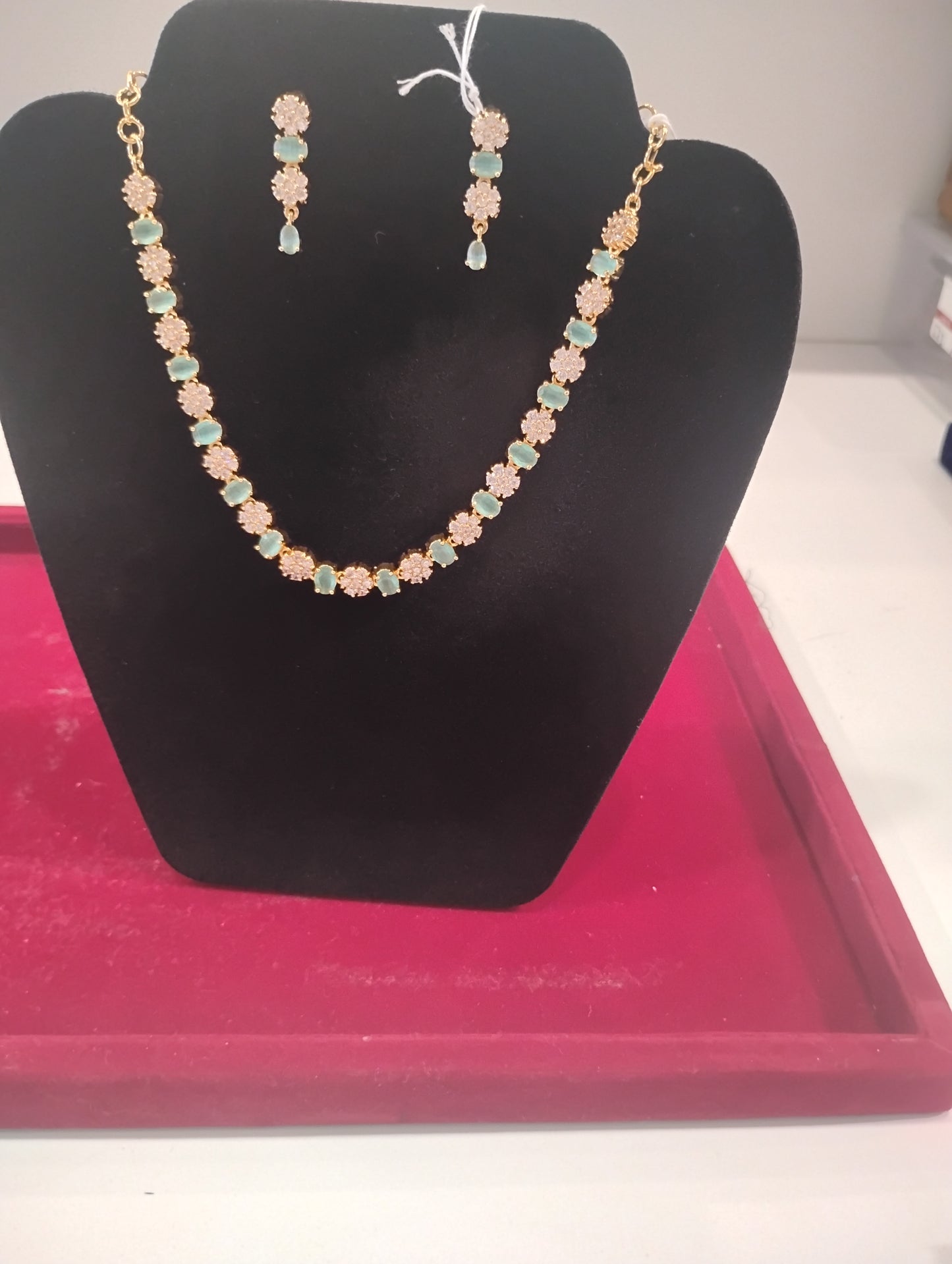 Beautiful Gold Plated White and Light Green Stones Necklace with Earrings For Women