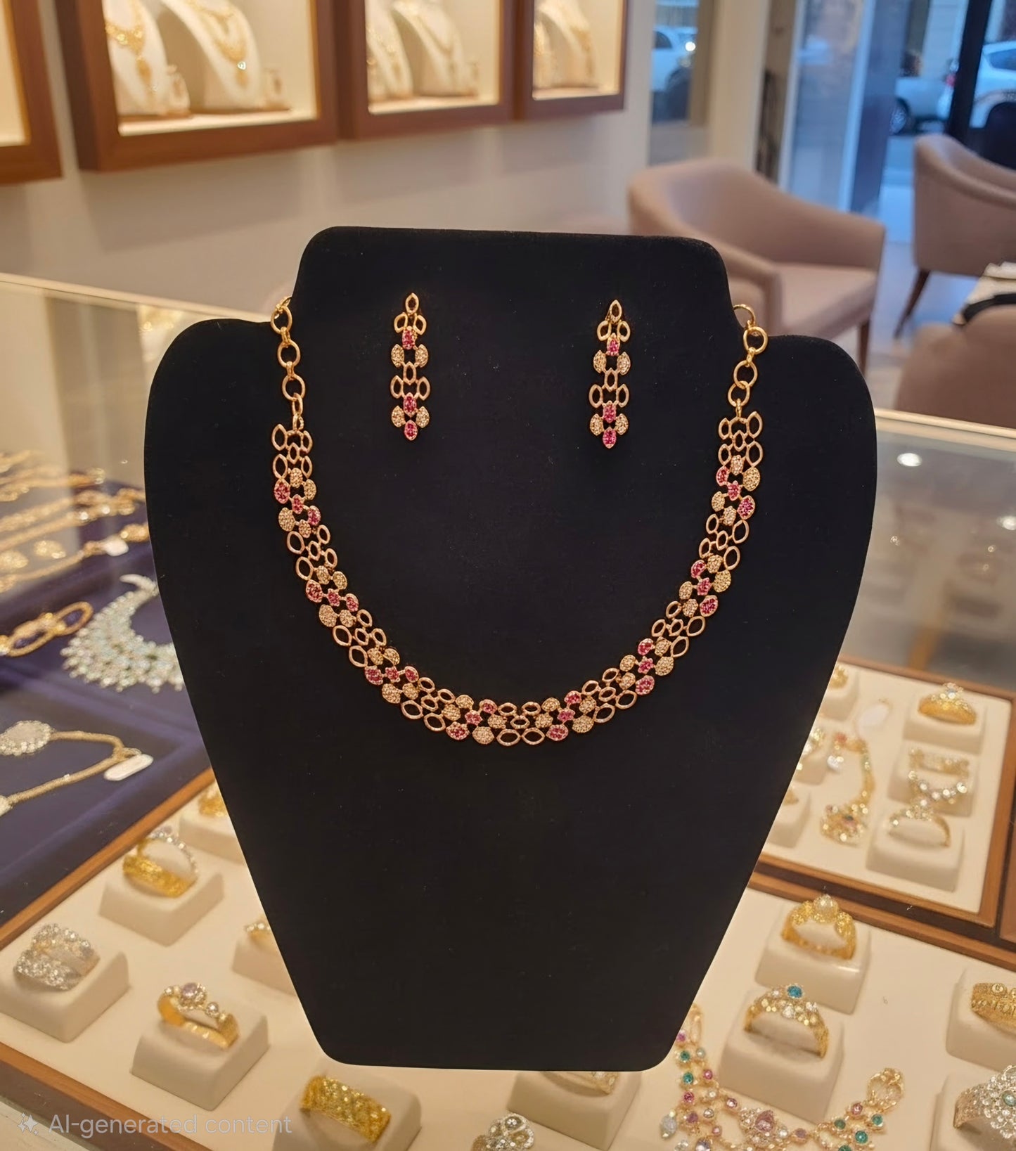 Gold plated fancy necklace set with pink and white stones.