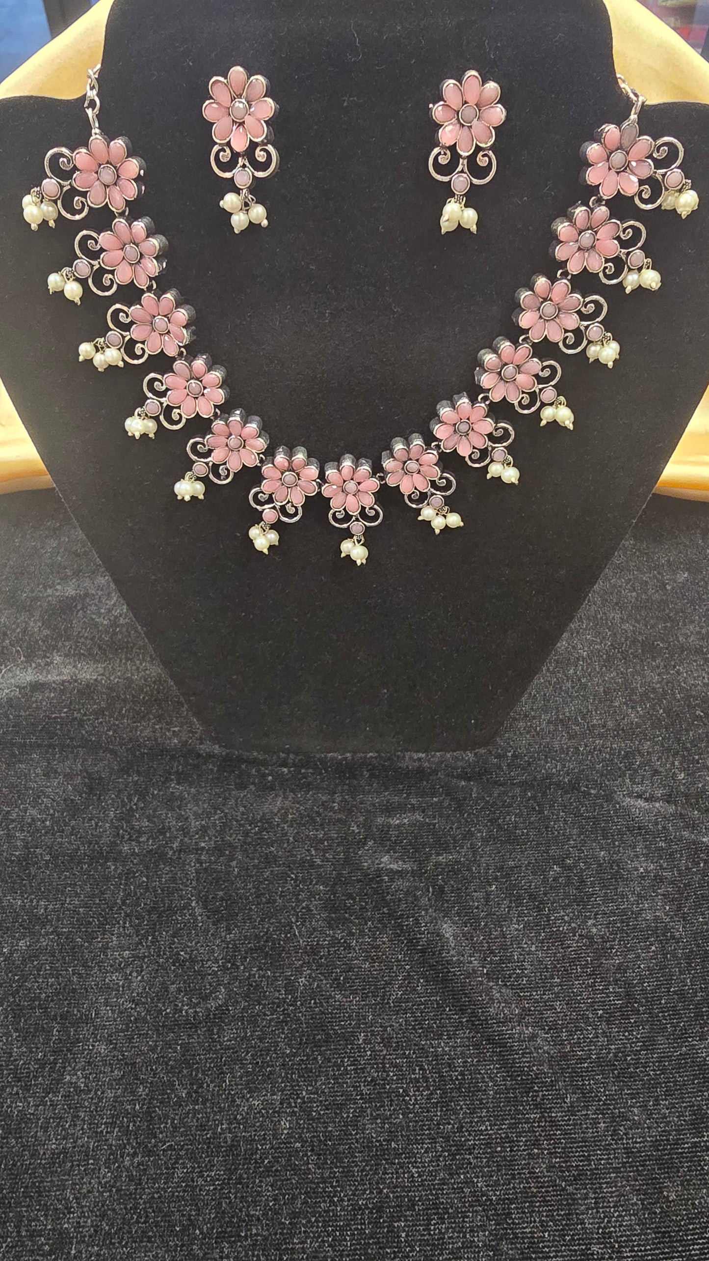 Charming Light Pink Color Flower Designed And White Beaded Work Necklace With Earrings